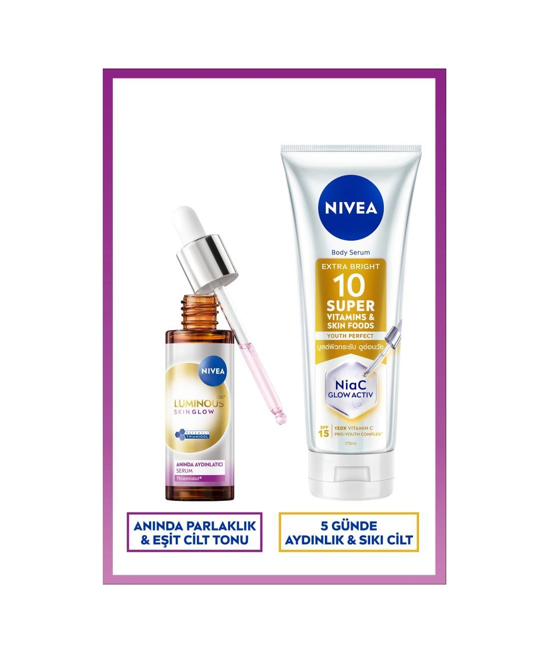 NIVEA Luminous630 Skin Glow Aydınlatıcı Cilt Serumu 30 ML + Super10 Aydınlatıcı Nemlendirici Losyon 170 ML