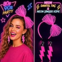 Neon Pembe Dantel Taç Ve Şimşek Küpe 80'ler 90'lar Parti Seti 5286