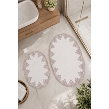 Beyaz 2'li Dantelli Kaymaz Deri Tabanlı Oval Banyo Paspası Güpürlü Yıkanabilir Banyo Takımı Piera Pudra