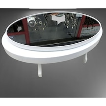 Orta sehpa Dönerli OVAL RUS TARZ Model Kayın Retro Ayak Sağlam Şık Mdf Tabla Parlak Beyaz füme üst cam