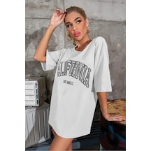 Blackjack Giyim Kadın Beyaz Oversize California Los Angeles Baskılı T-shirt Beyaz