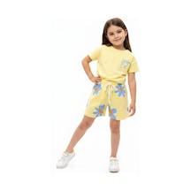 Toontoy Kids Toontoy Kız Çocuk 2'li Şortlu Takım Bisiklet Yaka Kısa Kollu Baskılı Tişört - Beli Lastikli Bağlamalı Baskılı Şort 25035 Açık Sarı