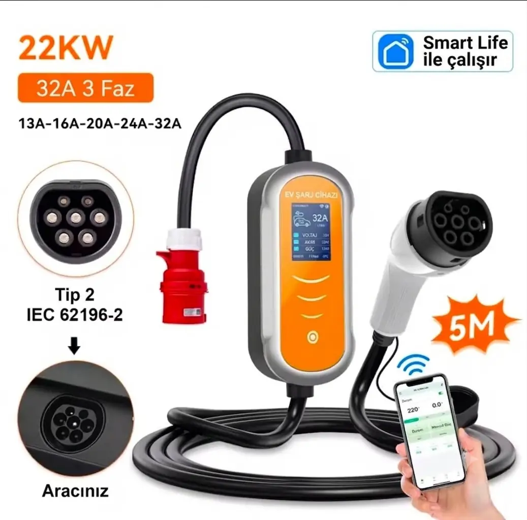5m Kablolu, 32A, 22kW, Type 2