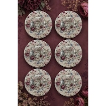 6 Lı Cam Çay Tabağı Vintage Gül Ve Kuş Kafesi Desenli 12 Cm 6 Adet Çay Tabak Bordo