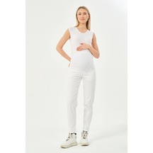 Busa Hamile Esnek Karın Bantlı Beli Ayarlanabilir Mom Fit Kot Pantolon Beyaz-beyaz