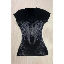 Siyah Vintage Gotik Wing Kısa Y2k Kollu Crop-18406 Siyah