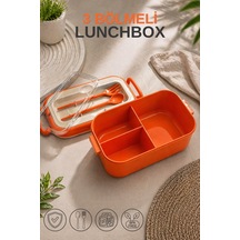 Lunchbox Kaşık & Çatal Dahil - Kilitli Kapaklı - Taşıma Saplı - 3 Bölmeli Turuncu
