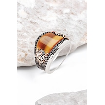 ​​Gümüş Özel Kesim Kaplan Gözü Taşlı Zirkon İşlemeli Erkek Yüzük -5654