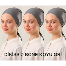 Melodi Scarf Kadın Tesettür Dikişsiz Set Bone Koyu Gri 3 Adet Bağlamalı Penye Bone Koyu Gri