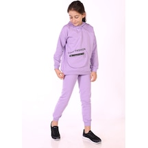 Toontoy Kids Toontoy Kız Çocuk 2'li Takım Baskılı Kapüşonlu Torba Cepli Asimetrik Sweatshirt & Beli Paçası Lastikli Cepli Jogger Eşofman Altı - 2 İpilk Lila