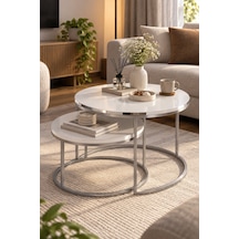 Sulorahome Gümüş Metal Ayaklı Beyaz 2'li Yuvarlak Orta Sehpa Seti