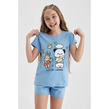 Defacto Kız Çocuk Baskılı Kısa Kollu Şortlu Pijama Takım A1365a823smbe761 Mavi