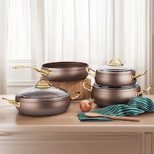 Lines L-5094-2 Yonca Güveç 7 Parça Tencere Seti Bakır Altın Kulp