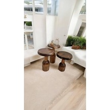 Wood Ahşap 3 Lü Set Mantar Yan Sehpa Konik Model / Ceviz Renk / Zigon Sehpa Kahverengi