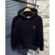 Unisex Kapşonlu Baskılı Sweetshirt - Siyah Siyah