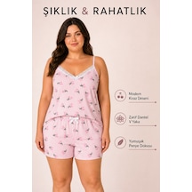 Bravie Kadın Büyük Beden İp Askılı Yakası Dantelli Pembe Kiraz Desenli Yazlık Pijama Takımı