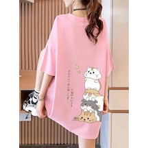 Harajuku Japon Yazılı Kedi Tasarımlı Unisex Oversize T-shirt Pembe