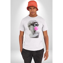 Gözlüklü David'in Kafasının Alçı Heykeli Unisex Unisex Beyaz Organik Baskılı T-shirt Penye Yüksek Kalite Beyaz