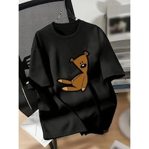 Kadın Tişört Ayı Baskılı Bisiklet Yaka Yazlık Kısa Kol T-shirt - Siyah