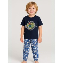 Zekids Erkek Çocuk Pamuklu Kısa Kol College Pijama Takımı-16061 Lacivert
