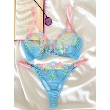 Arinda Babylue Bebe Mavisi Zarif Çiçek Desenli İşlemeli Brode Kapsız Balenli Bralette Sütyen Tanga Alt Üst Çamaşırı Takımı 2 Parça
