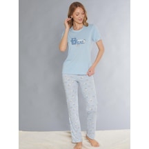 Dowry Kısa Kol Pijama Takım Sevimli Desenli Yazlık Viskon Pijama Dowry 08-127 Mavi