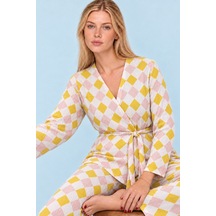 Kadın Desenli Ev Stili Kuşaklı Sarı Pijama Takımı 4807