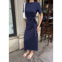 Defymoda Osy Modal Yumuşak Dokulu Kumaş Bisiklet Yaka Kısa Kollu Kuşaklı Uzun Elbise - Mavi Mavi