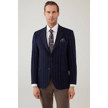 Erkek Lacivert Regular Fit Mono Yaka Çizgili Yün Ceket