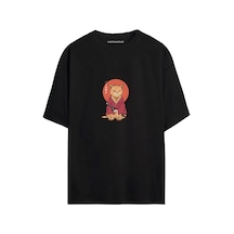 Anime Samuray Kedi Baskılı Unisex Siyah - Beyaz Oversize T-shirt SIYAH