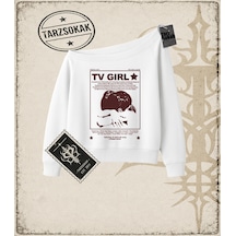 Tarzsokak Gotik & Grunge Streetwear Tv Grıl Star Kayık Yaka Sweatshirt Beyaz