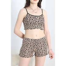 Lukitus İp Askılı Şortlu Pegasus Crop Pijama Takımı Kahve - Leopar