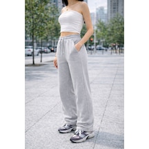 Winmoda34 Kadın Trend Bol Paça Modal Kumaş Eşofman Altı Çift Cepli Wide Leg Gri