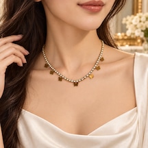 Lunessa Kelebek Detaylı Işıltılı Su Yolu Taşlı Kadın Kolye Gold 316l Paslanmaz Çelik 40+5 Cm Renkli