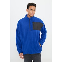 AC&Co / Altınyıldız Classics Erkek Saks Oversize Bol Kesim Bato Yaka Cep Detaylı Fermuarlı Soğuk Geçirmez Polar Sweatshirt Saks Mavi