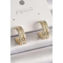 Pirinç Gold Renk Zirkon Taşlı İşleme Detay Halka Model Kadın Küpe 5886 Çok Renkli