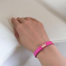O Harfine Özel 14 Ayar Altın Plakalı Doğal Pembe Derili Taç Motifli Hediye Bileklik-495harf O