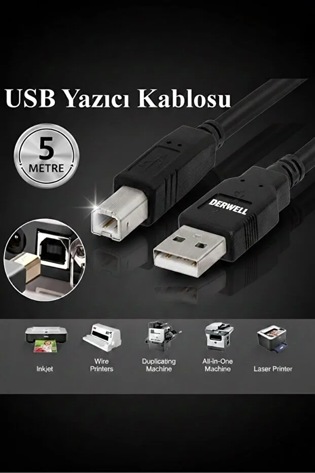5 Metre 5mt Usb Yazıcı Kablosu Samsung Hp Canon Brother Lexmark Uyumlu Universal Printer Kablo Cable