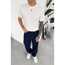 Ekru Basic Bisiklet Yaka Triko Relaxed Tişört Ekru