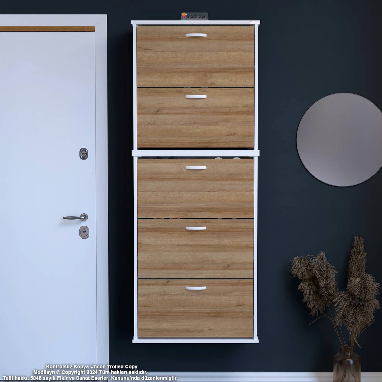 Asil 2 Li Meşe Renk Asma Ayakkabılık Antre 5 Düşer Kapak 10 Gözayakkabılık 52x181x25,5 Cm Meşe