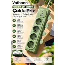 Vothoon 4 Lü Akıllı Priz Tek Dokunuşla Fiş Çıkarma 2 Metre Kablo 2 Type-c + Usb 15w Hızlı Şarj 3680w 0