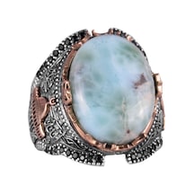 Doğal Müslüman Larimar Taşlı Yüzük, 925k Katı Gümüş Erkek Yüzüğü, Okyanus Sakinliği Tasarımı Gümüş