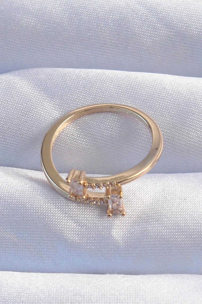 Tua Moda Pirinç Gold Renk Zirkon Taşlı Geometrik Ayarlanabilir Yüzük Çok Renkli