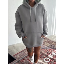 Kapşonlu Üç İplik Penye Basic Sweatshirt - Boyalı Gri Çok Renkli