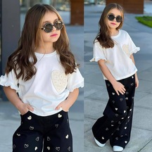 Bam Bam Kalp Nakışlı Kot Pantolonlu Kız İkili Takım 5-14 Yaş -2635685 - Bej