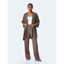 Koton Viskon Karışımlı Rahat Kalıp Geniş Uzun Kollu Kimono Kahverengi 5sak30054ek Kahve