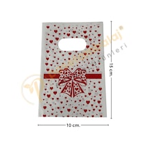 Kırmızı Fiyonk & Kalp Desenli Hediyelik Poşet 10x15 Cm
