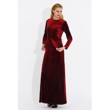 Nidya Moda Büyük Beden Kadife Peplumlu Elbise-4044B Kırmızı