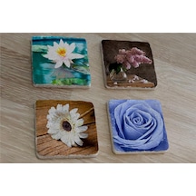 Mavi Gül Ve Çiçekler Doğal Taş Bardak Altlığı 4'lü Set - Natural Stone Coasters - Taş Çok Renkli