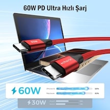 Usb C&apos Den Usb C&apos Ye 60w, 2.4a, 1m, Pd 2.0, Çift Kat Örgülü Hızlı Şarj Ve Data Kablosu Kırmızı, 1 Metre